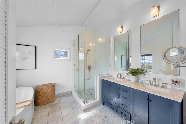 bathroom with lofted ceiling, shower with separate bathtub, and vanity