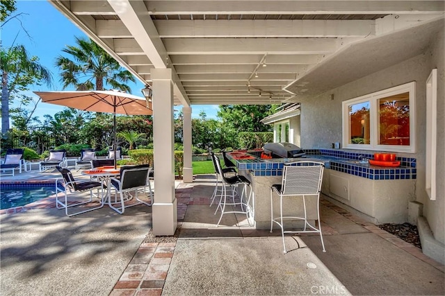 view of patio featuring grilling area, exterior bar, and a pool