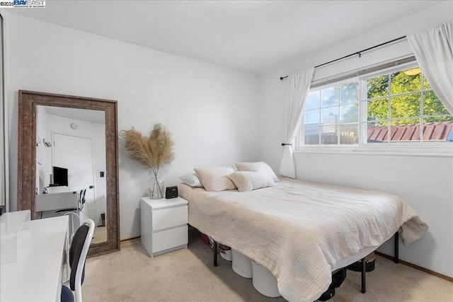 bedroom featuring light carpet