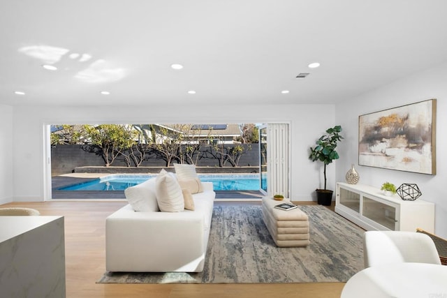 living room featuring light hardwood / wood-style floors and a healthy amount of sunlight