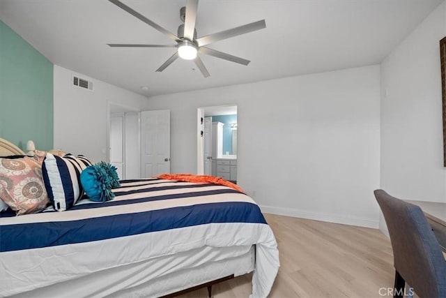 bedroom featuring ceiling fan, ensuite bathroom, and light hardwood / wood-style flooring