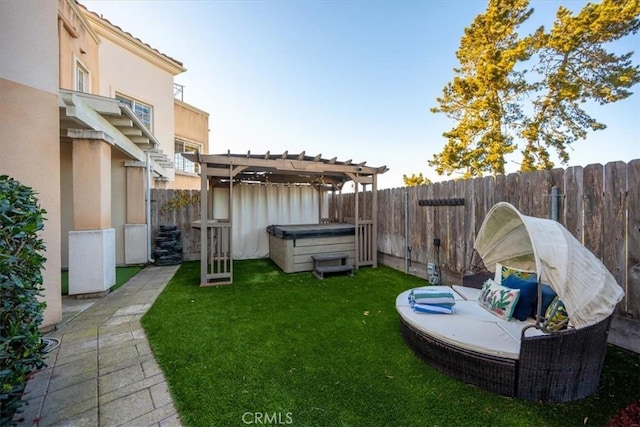 view of yard with a pergola and a hot tub