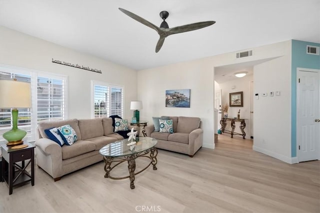 living room with ceiling fan and light hardwood / wood-style flooring