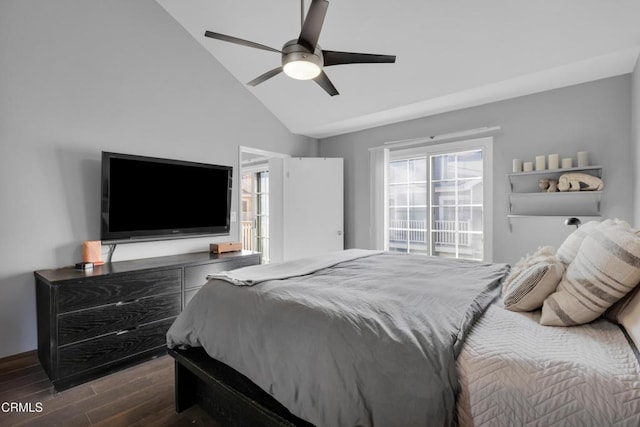 bedroom with dark wood-type flooring, high vaulted ceiling, and ceiling fan