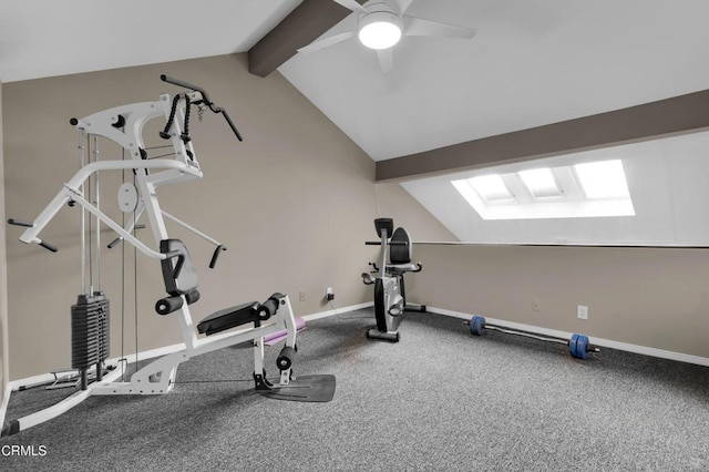 workout area featuring ceiling fan and vaulted ceiling