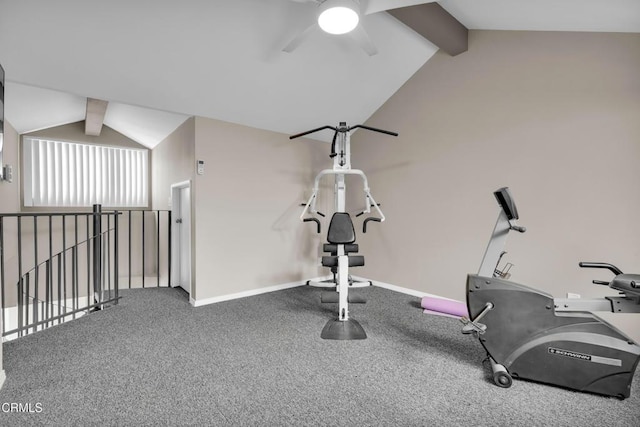 workout room featuring carpet floors, ceiling fan, and vaulted ceiling