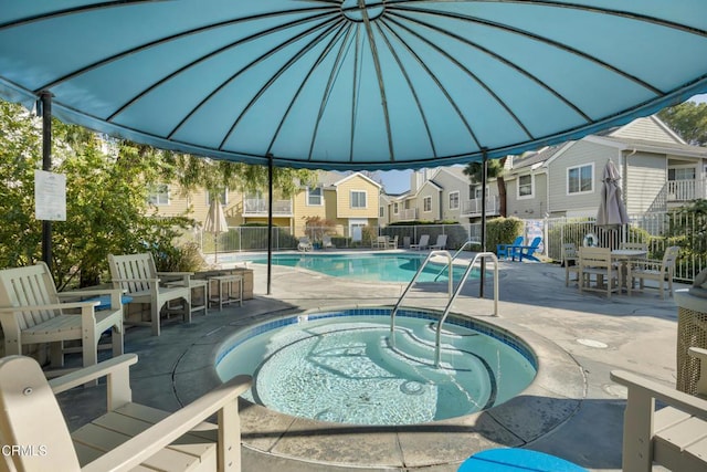 view of pool featuring a patio area and a hot tub