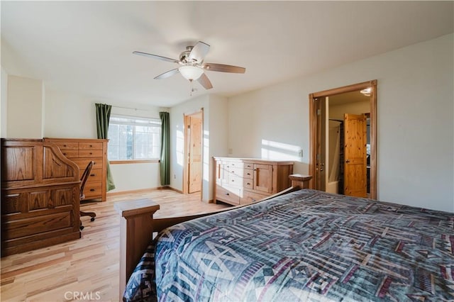 bedroom with ceiling fan and light wood-type flooring