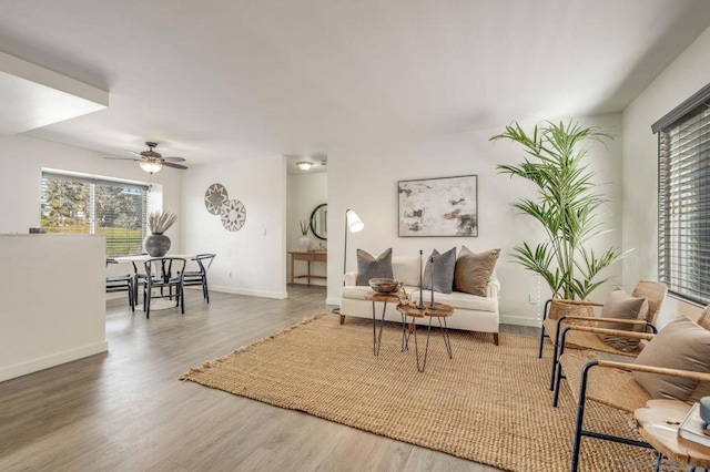 living room featuring wood-type flooring and ceiling fan