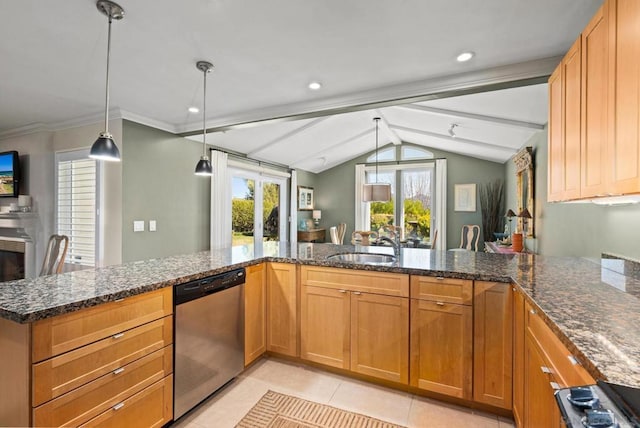 kitchen with range, hanging light fixtures, vaulted ceiling with beams, light tile patterned floors, and stainless steel dishwasher