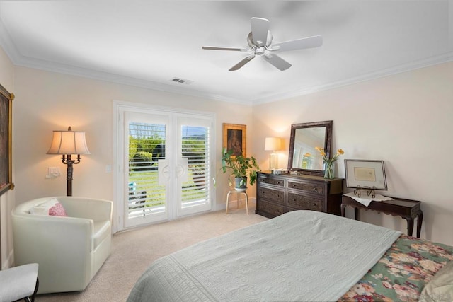 carpeted bedroom with access to outside, ceiling fan, and crown molding