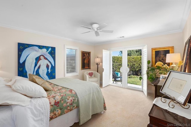 carpeted bedroom with french doors, ceiling fan, crown molding, and access to exterior