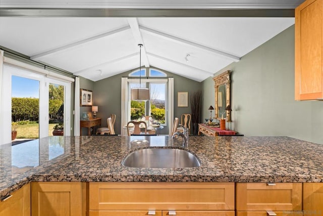 kitchen featuring dark stone counters, a wealth of natural light, and sink