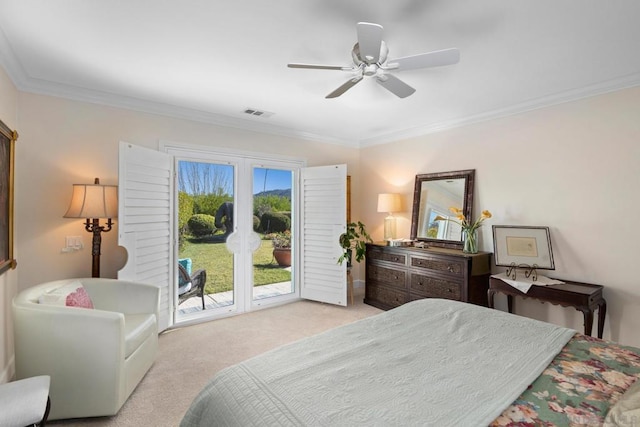 carpeted bedroom featuring ornamental molding, ceiling fan, and access to exterior