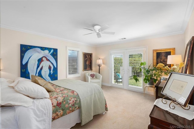 bedroom with access to exterior, ceiling fan, crown molding, and light colored carpet