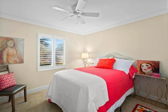 bedroom with ceiling fan, light colored carpet, and ornamental molding