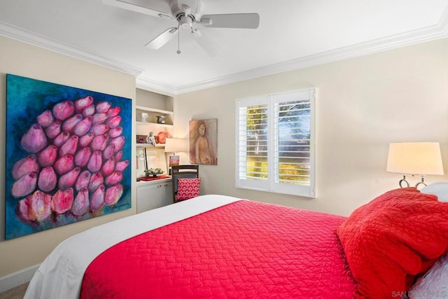 bedroom with ceiling fan and ornamental molding