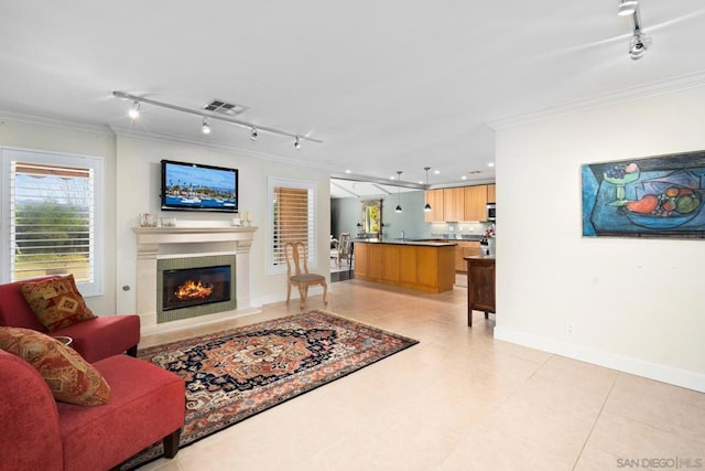 tiled living room featuring crown molding