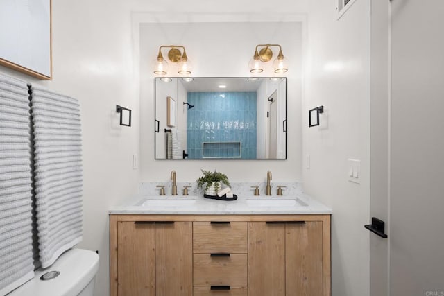 bathroom featuring a shower, vanity, and toilet