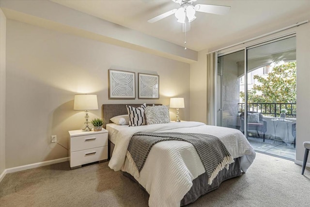 carpeted bedroom with ceiling fan and access to exterior