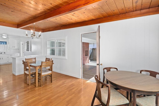 dining room with an inviting chandelier, wooden ceiling, beam ceiling, and light wood-type flooring