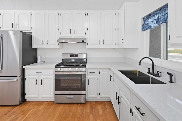 kitchen featuring stainless steel appliances, white cabinetry, and sink