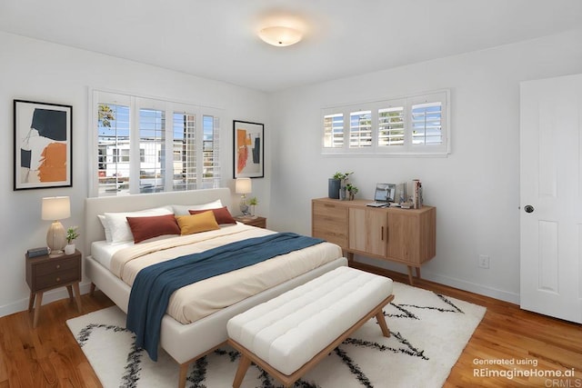 bedroom with multiple windows and light wood-type flooring