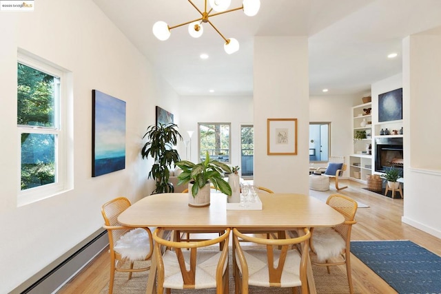 dining room featuring a healthy amount of sunlight, light hardwood / wood-style flooring, and a baseboard radiator