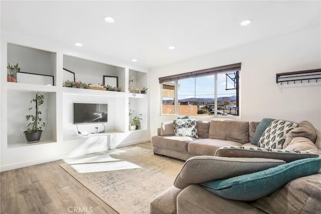 living room with light wood-type flooring and built in features