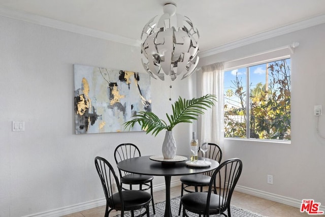 tiled dining space with ornamental molding and a chandelier