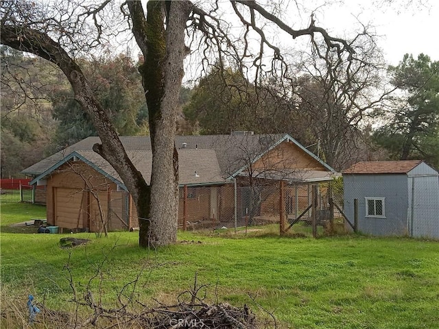 exterior space with a shed