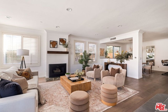 living room featuring dark wood-type flooring and crown molding