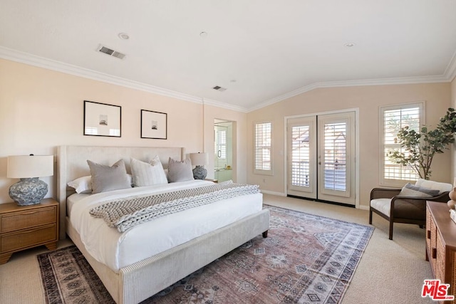 bedroom featuring lofted ceiling, light carpet, french doors, access to outside, and crown molding