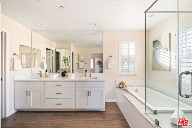 bathroom with shower with separate bathtub, wood-type flooring, and vanity