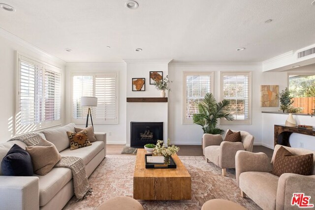 living room featuring a healthy amount of sunlight, light hardwood / wood-style floors, and crown molding