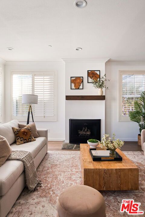 living room featuring wood-type flooring, crown molding, and a healthy amount of sunlight