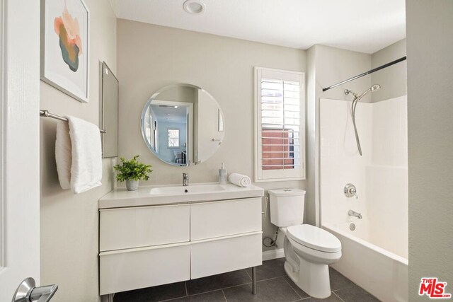 full bathroom featuring shower / tub combination, tile patterned flooring, vanity, and toilet