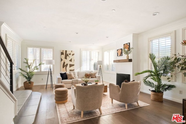 living room featuring plenty of natural light, wood-type flooring, and ornamental molding