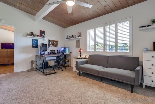 carpeted office space featuring ceiling fan, vaulted ceiling with beams, and wood ceiling