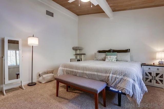 carpeted bedroom featuring ceiling fan, wood ceiling, and beam ceiling