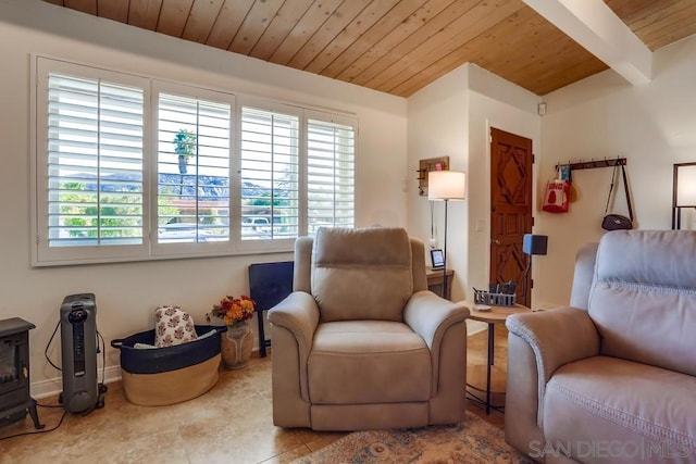 living area featuring wood ceiling, a wood stove, beamed ceiling, and light tile patterned floors