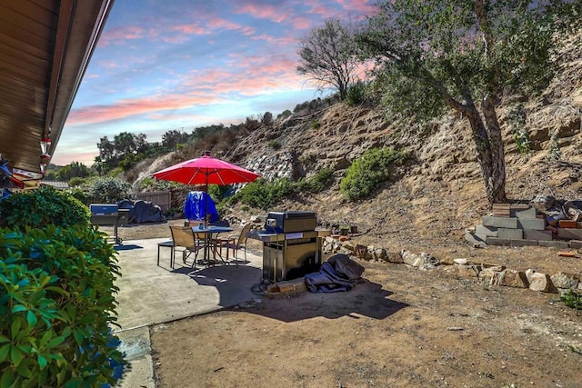 yard at dusk featuring a patio area