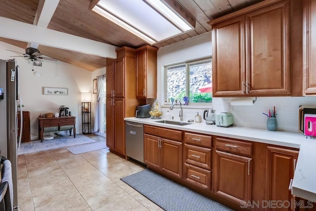 kitchen featuring sink, ceiling fan, backsplash, lofted ceiling with beams, and appliances with stainless steel finishes