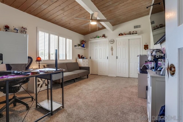 home office featuring ceiling fan, wood ceiling, lofted ceiling with beams, and carpet