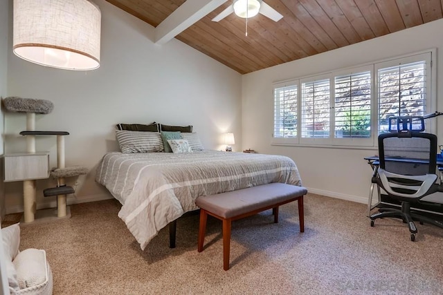 bedroom with carpet flooring, ceiling fan, and vaulted ceiling with beams