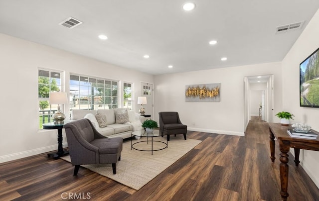 living room with dark hardwood / wood-style floors