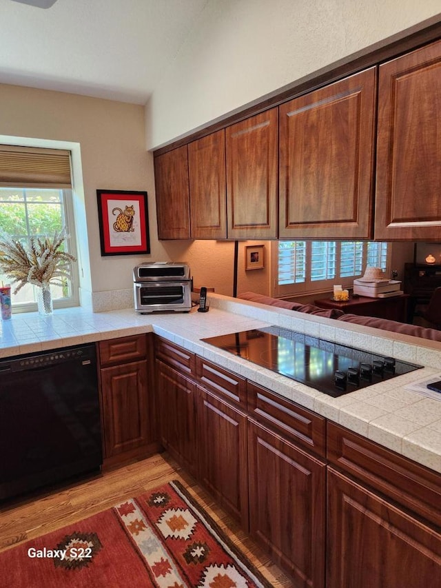 kitchen with dark brown cabinetry, lofted ceiling, light wood-type flooring, and black appliances