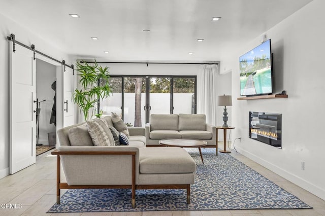 living room with a barn door