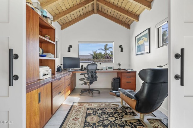 office area featuring vaulted ceiling with beams and wood ceiling