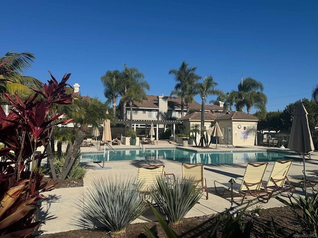 view of pool featuring a pergola and a patio